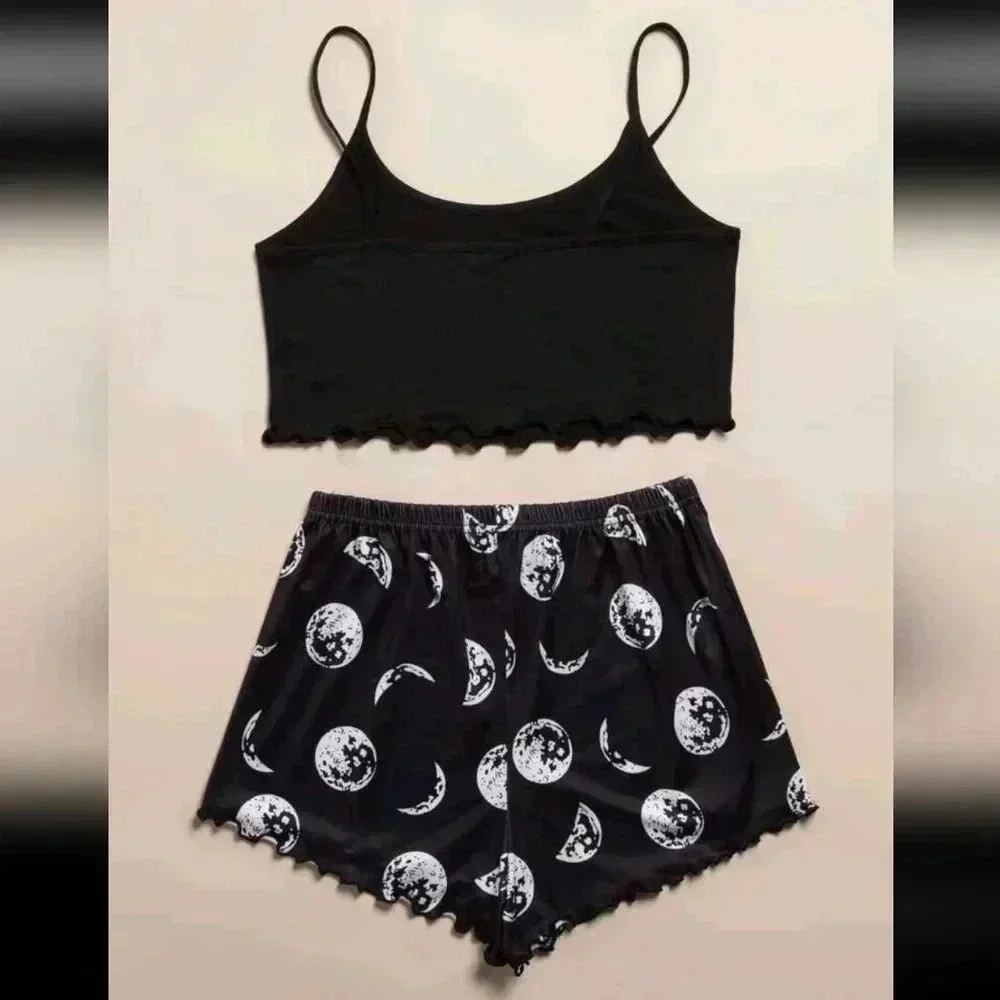 Moon Gothic Style two piece set shorts tank tops shirt women's XL black night